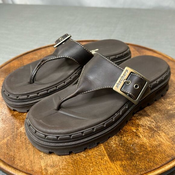 Skechers Sandals Wm 7 Brown Leather Chunky Flip Flop Platform Buckle Y2K 90s - Picture 1 of 14